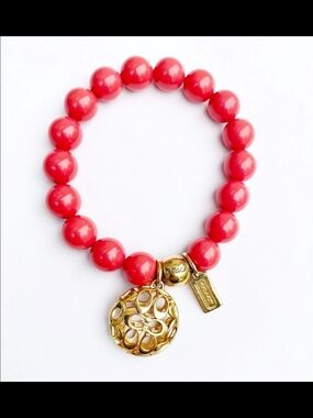 Vintage Coach Coral Beaded Bracelet with Gold-Tone Logo Charms